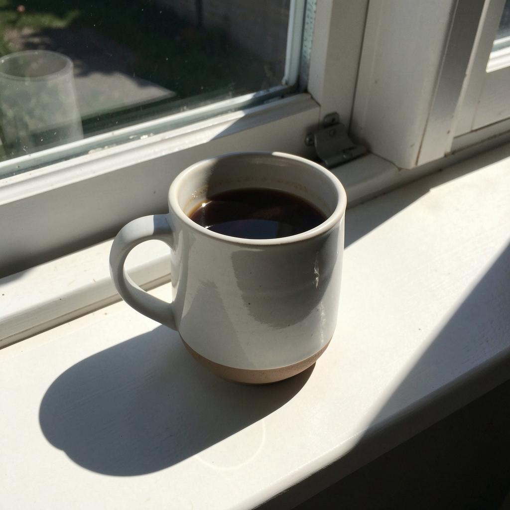 A coffee mug on a sunny windowsill casting a sharp shadow to