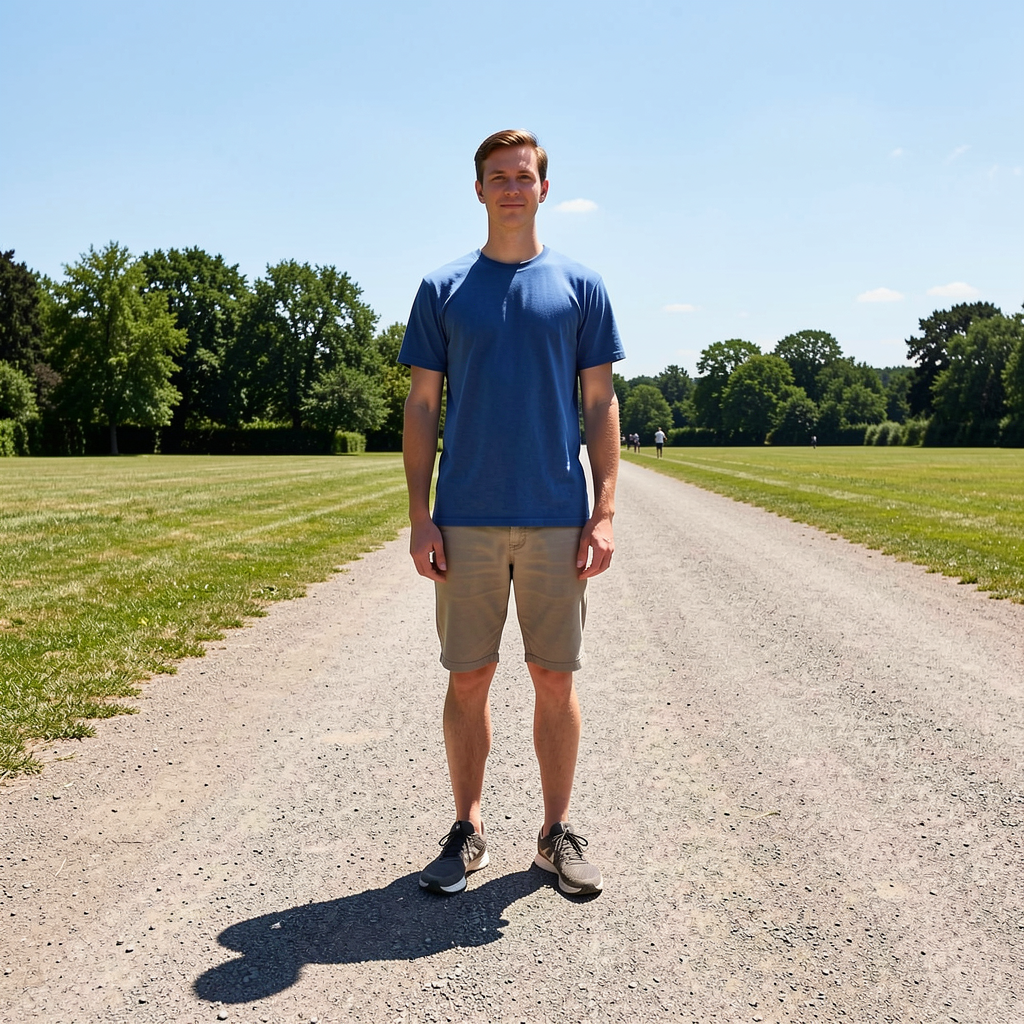 A person standing outdoors at midday with a short shadow dir