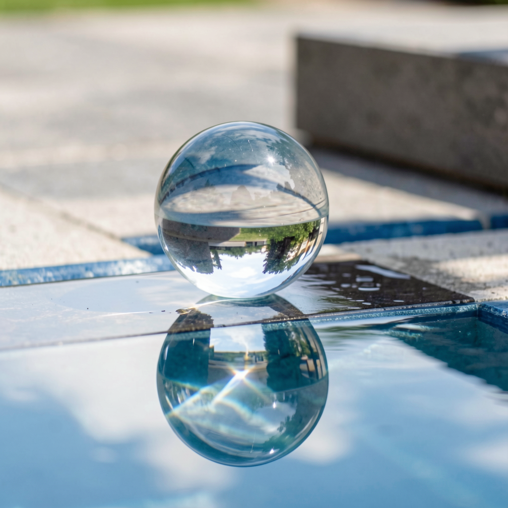 A clear glass sphere sitting on a mirror surface near a pool