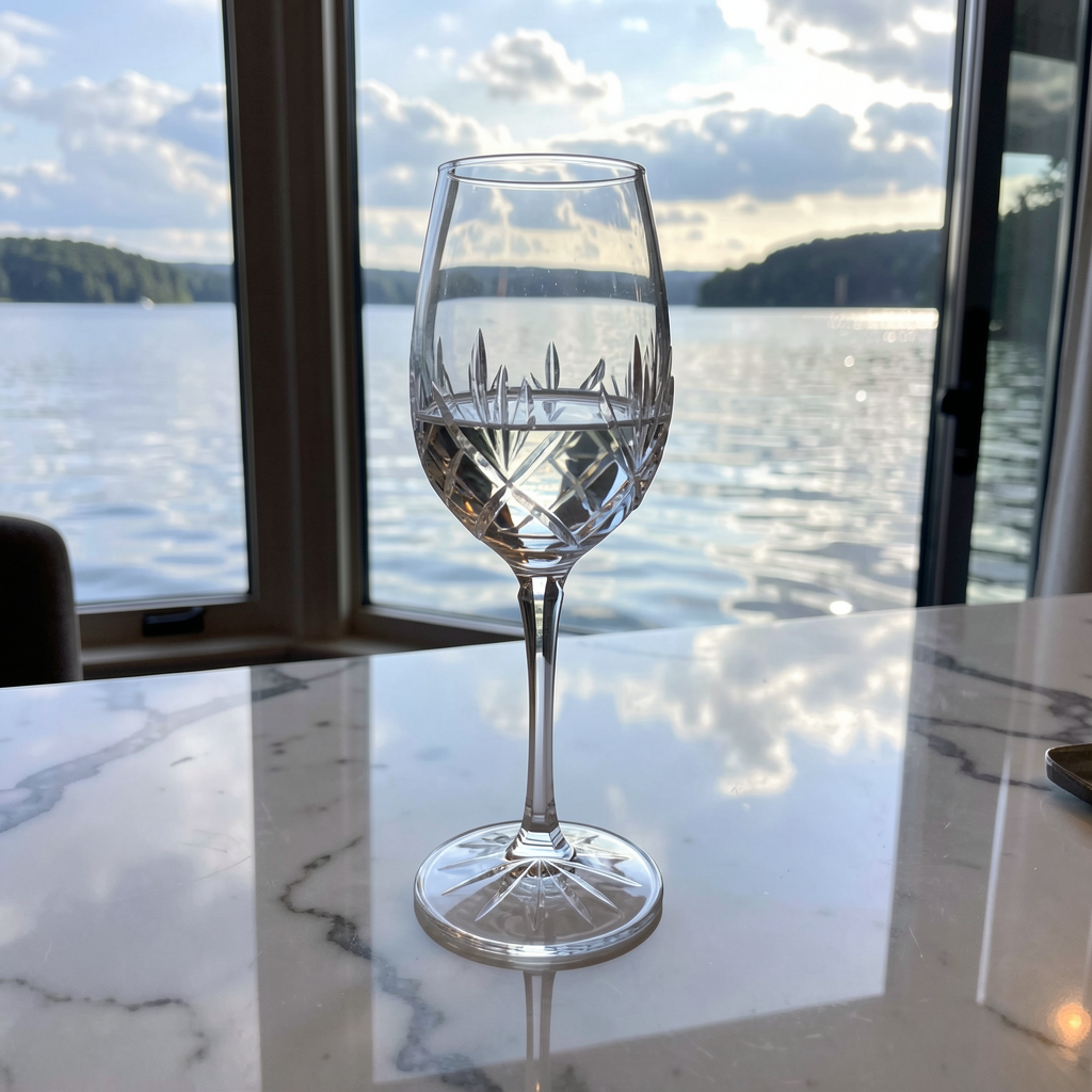 A crystal wine glass on a polished marble counter next to a 