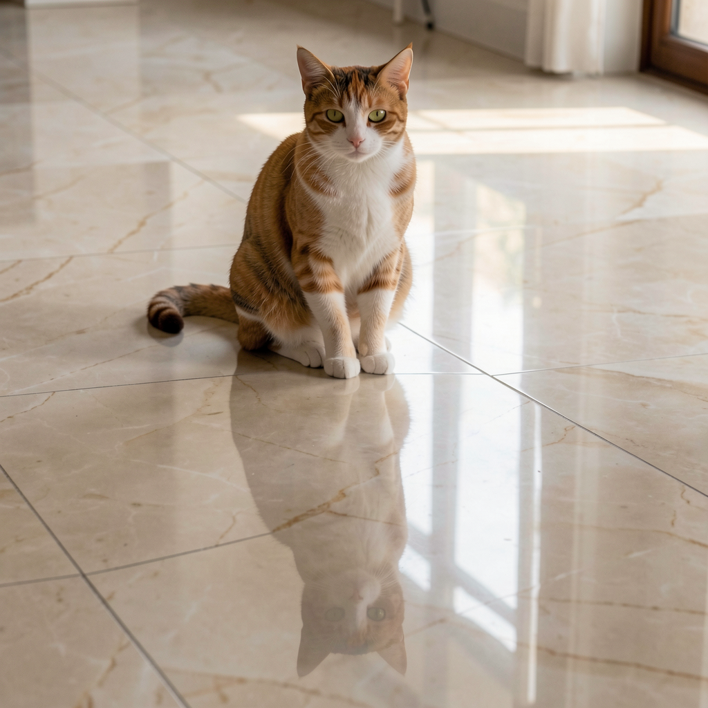 A cat sitting on a polished marble floor with its reflection