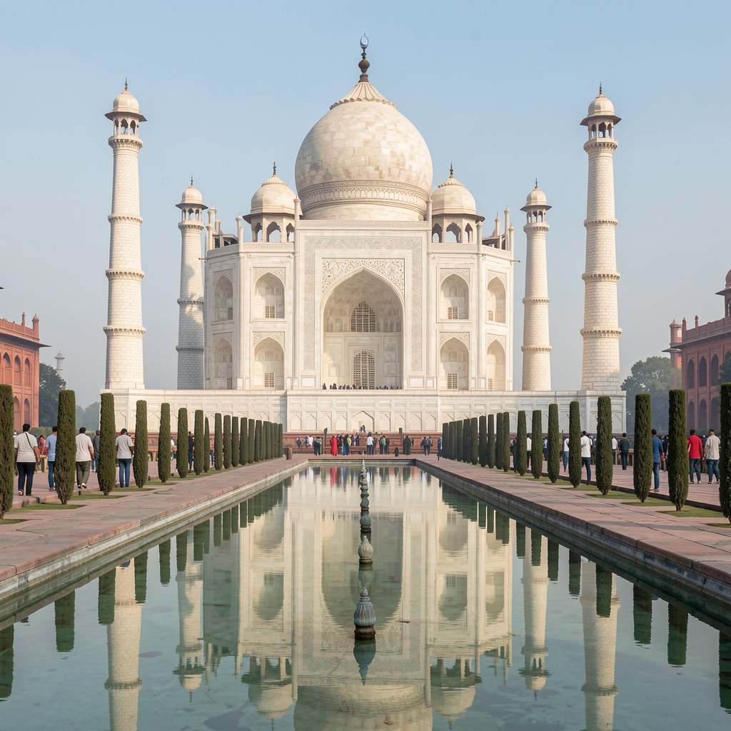 The Taj Mahal in Agra seen from the reflecting pool, with ac