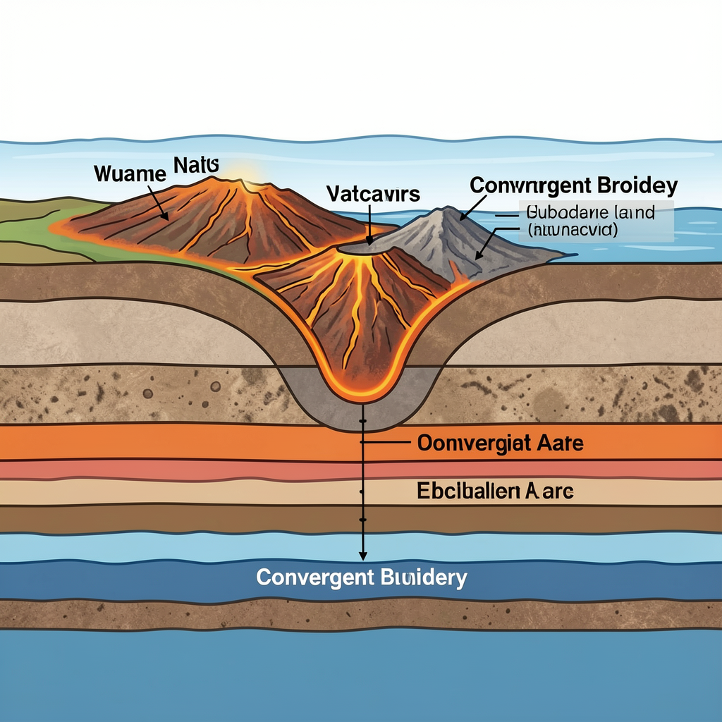 A cross-section showing tectonic plates at a convergent boun