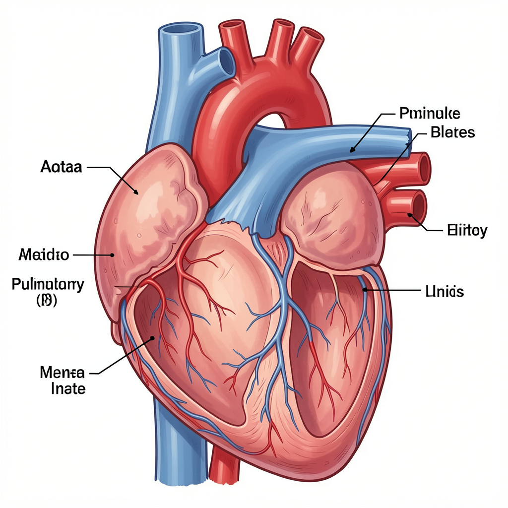 An anatomical illustration of the human heart showing four c