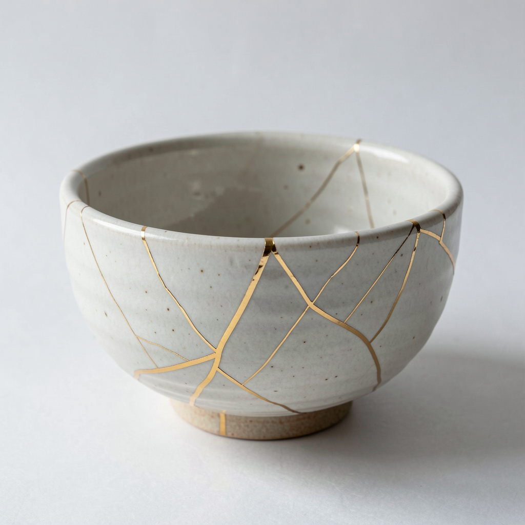 A Japanese kintsugi bowl — cracked ceramic repaired with vis
