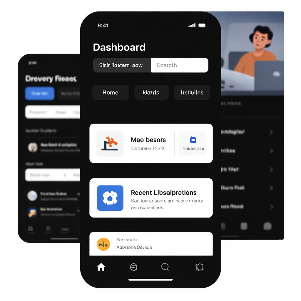 A mobile app UI mockup showing a dashboard with a top naviga
