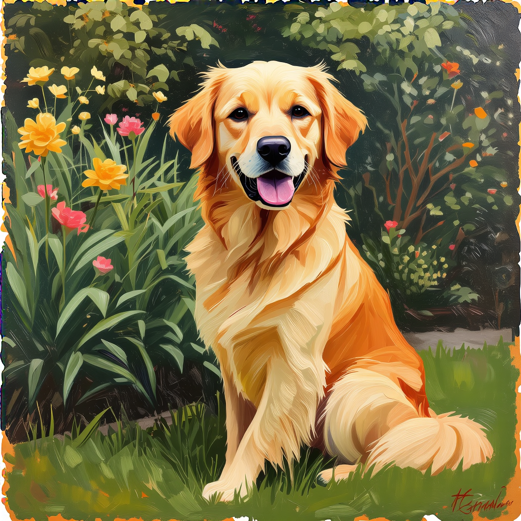 A golden retriever sitting in a garden, painted in the style