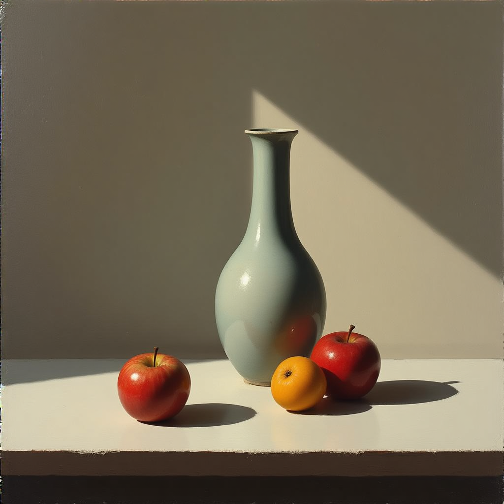 A still life painted in anxious minimalism — sparse composit