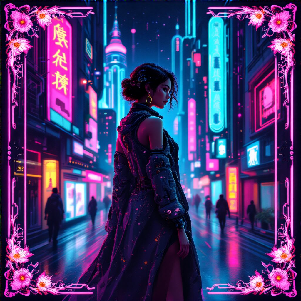 A woman in a futuristic city rendered in cyberpunk Art Nouve