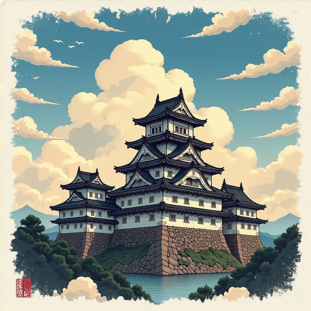 A medieval castle depicted in Japanese ukiyo-e woodblock pri