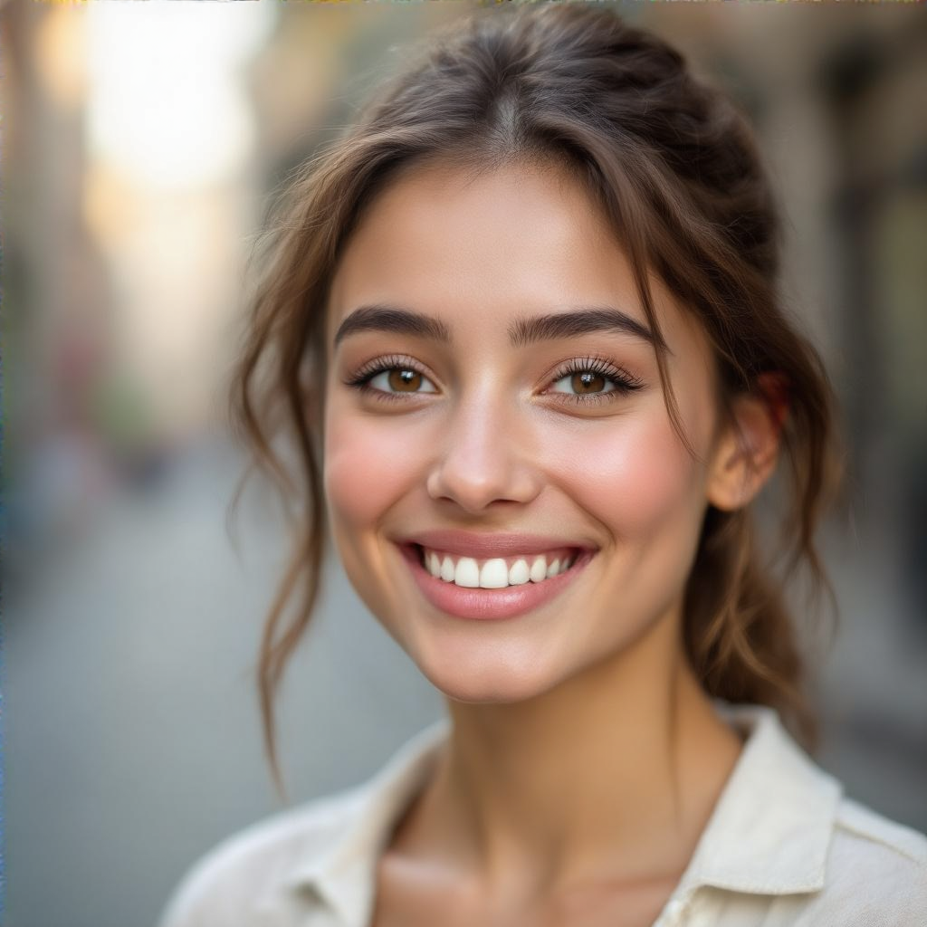 A close-up portrait of a young woman with a warm natural smi