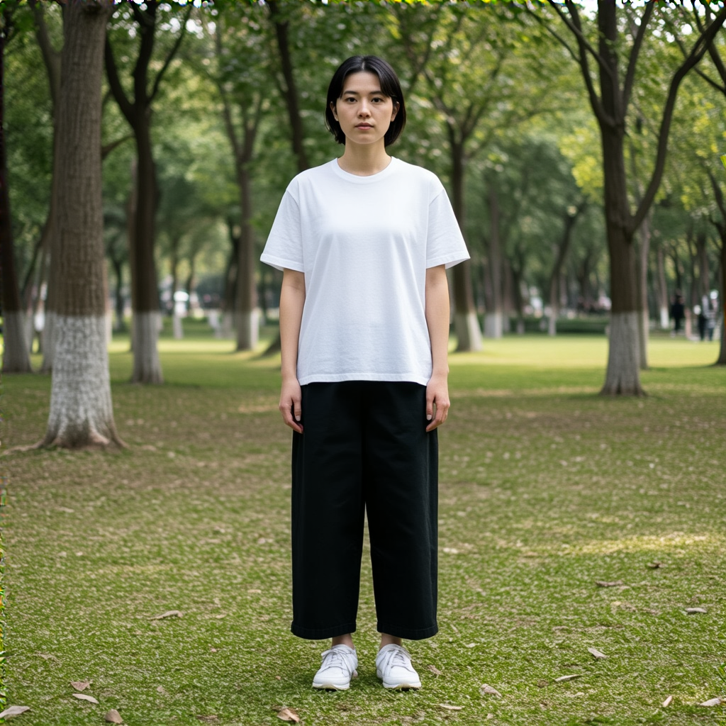 A person standing in a neutral pose in a park, full body vis