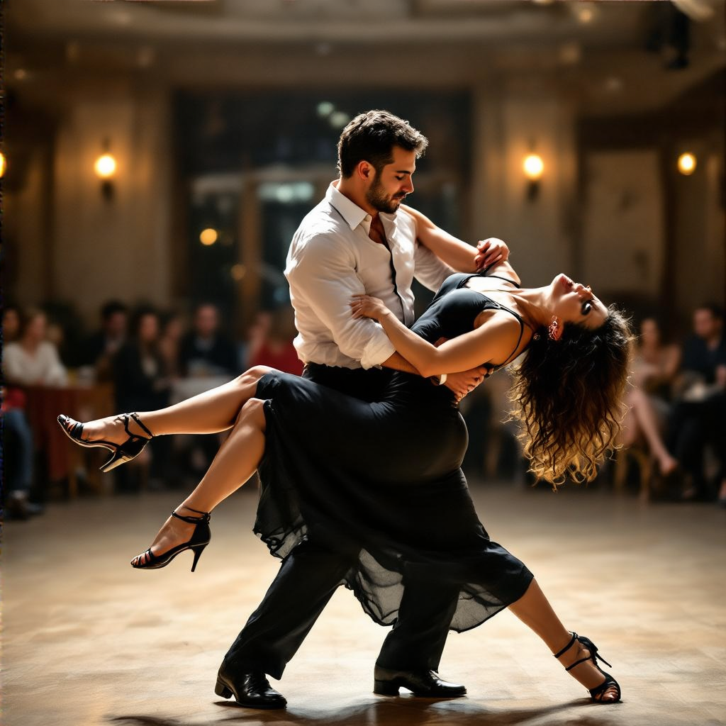 Two tango dancers in a close embrace, the man dipping the wo