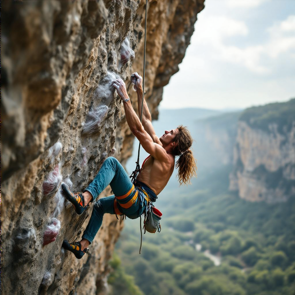 A rock climber clinging to a cliff face with arms and legs e