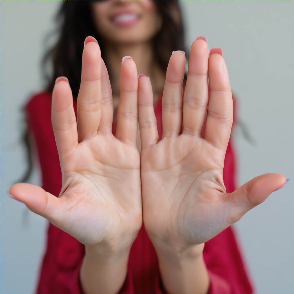 A woman holding her hands out in front of her palms-up, all 
