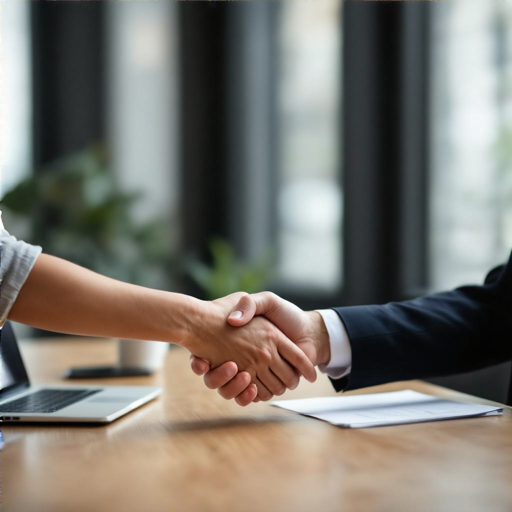 Two people shaking hands in a professional setting, all fing