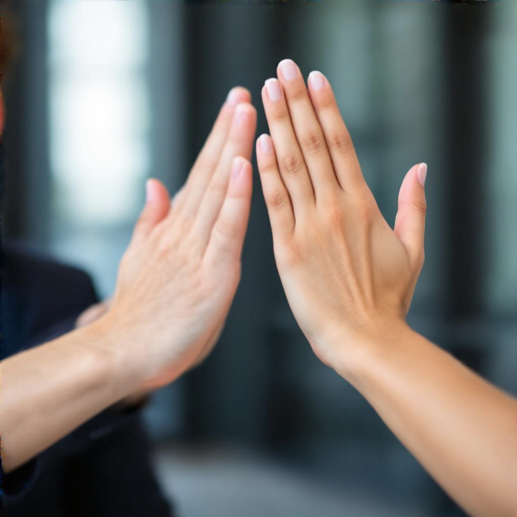 Two people doing a high-five, palms meeting with all fingers
