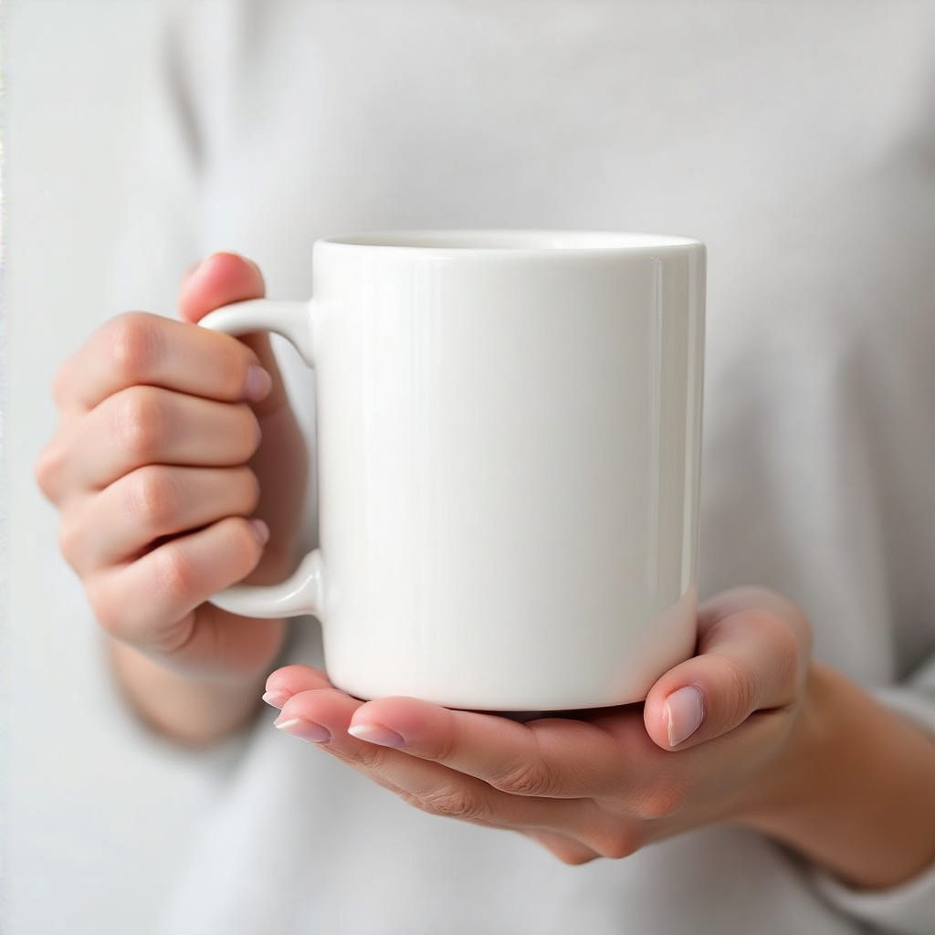 A person holding a white ceramic coffee mug by the handle wi