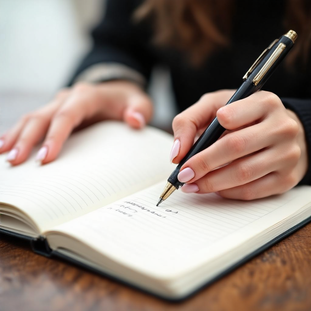 A woman writing in a notebook with a pen gripped correctly i