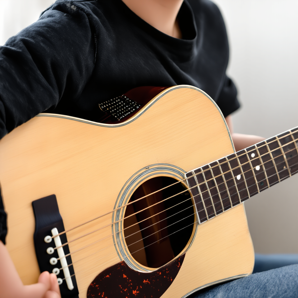 A person playing an acoustic guitar with left hand on the fr