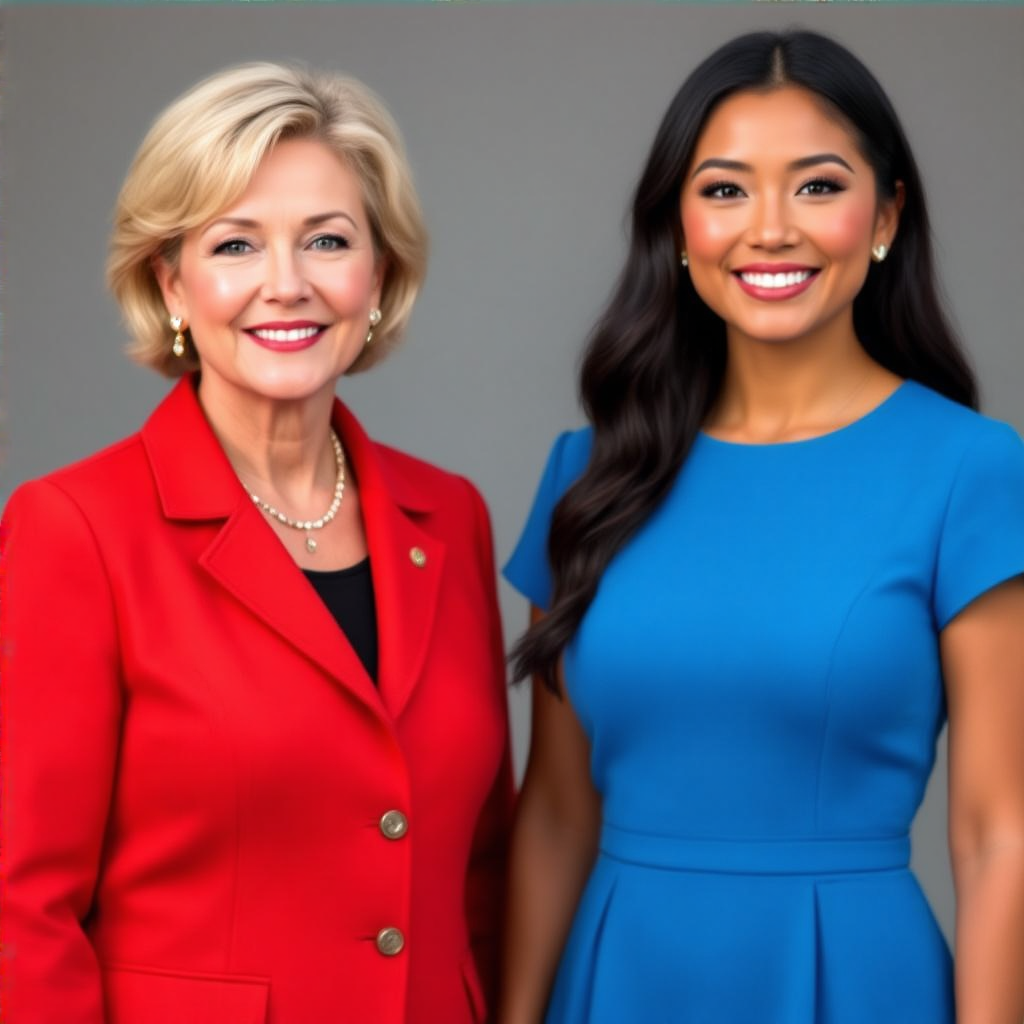 Two women standing side by side: one with short blonde hair 