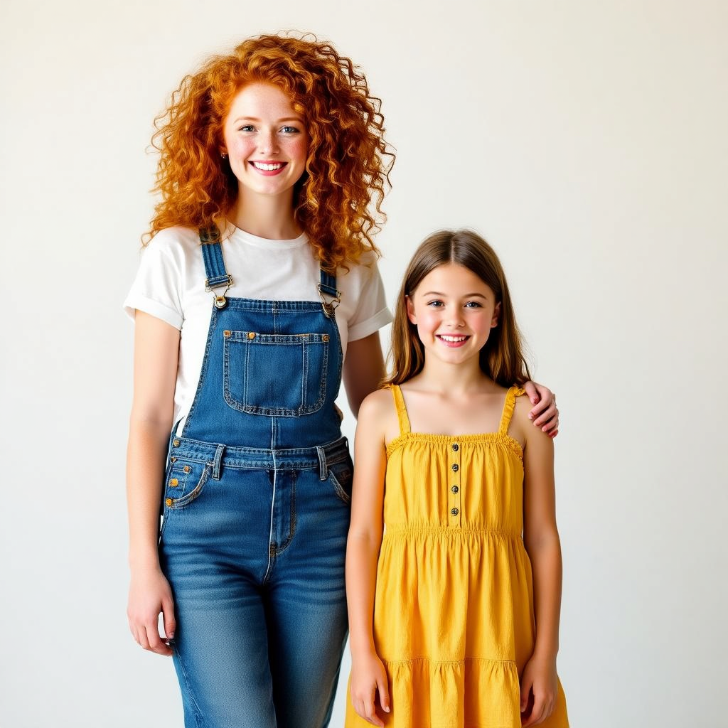 Two friends posing: one tall with curly red hair in denim ov