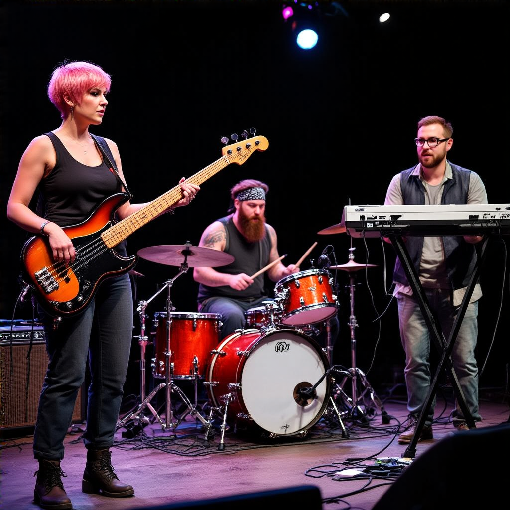 Three musicians on stage: a tall woman with short pink hair 