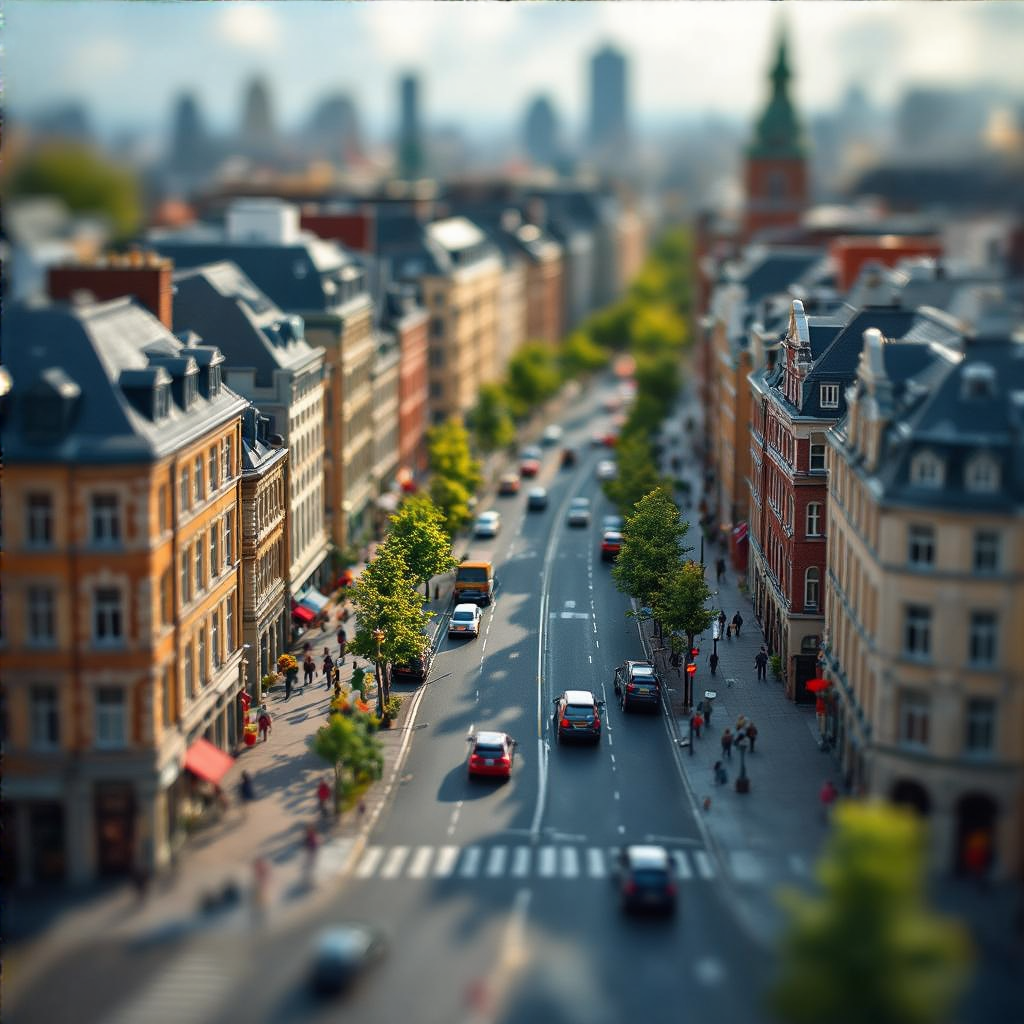 A tilt-shift photograph of a city street making real-life lo