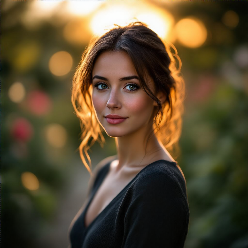 A portrait shot at 85mm f/1.4 with creamy bokeh background, 