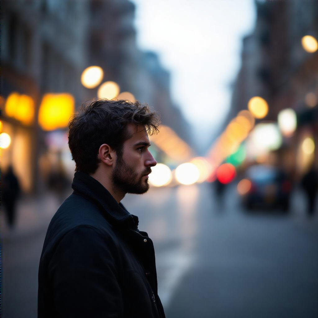 A street photograph with shallow depth of field as if shot a
