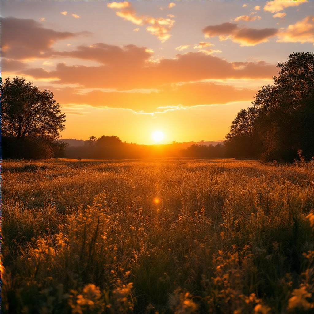 A landscape photograph bathed in golden hour light — long wa