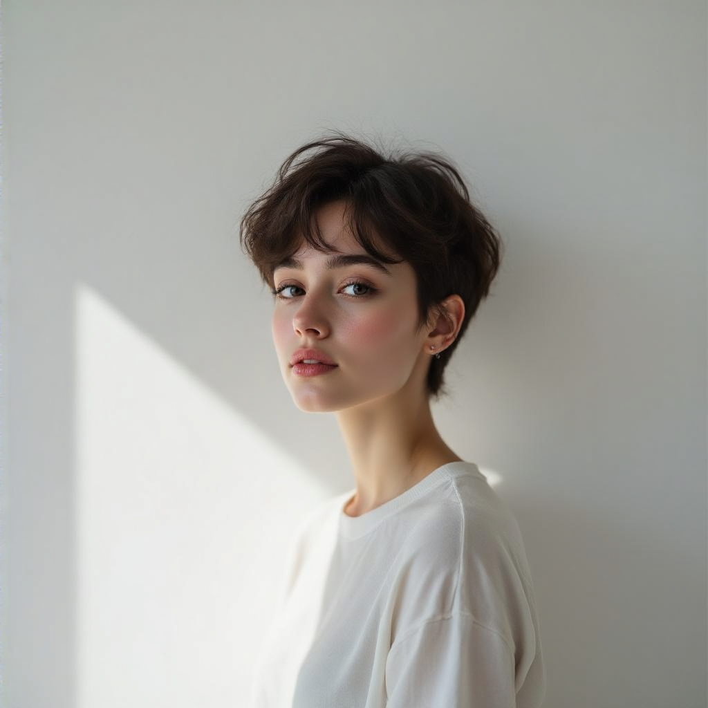 A high-key portrait of a person against a bright white backg