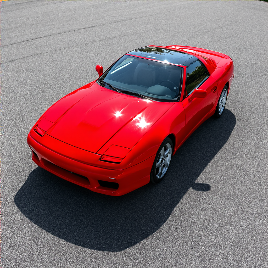 A bright red sports car parked on a gray asphalt road — the 