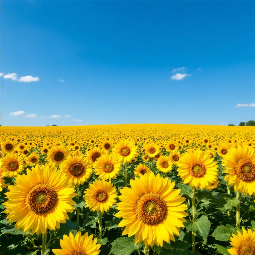A field of pure sunflower yellow flowers under a clear blue 
