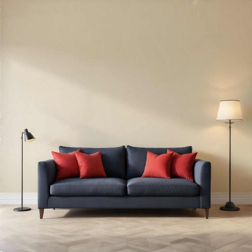 A minimalist room with walls in #F5E6CC (warm cream), a sofa