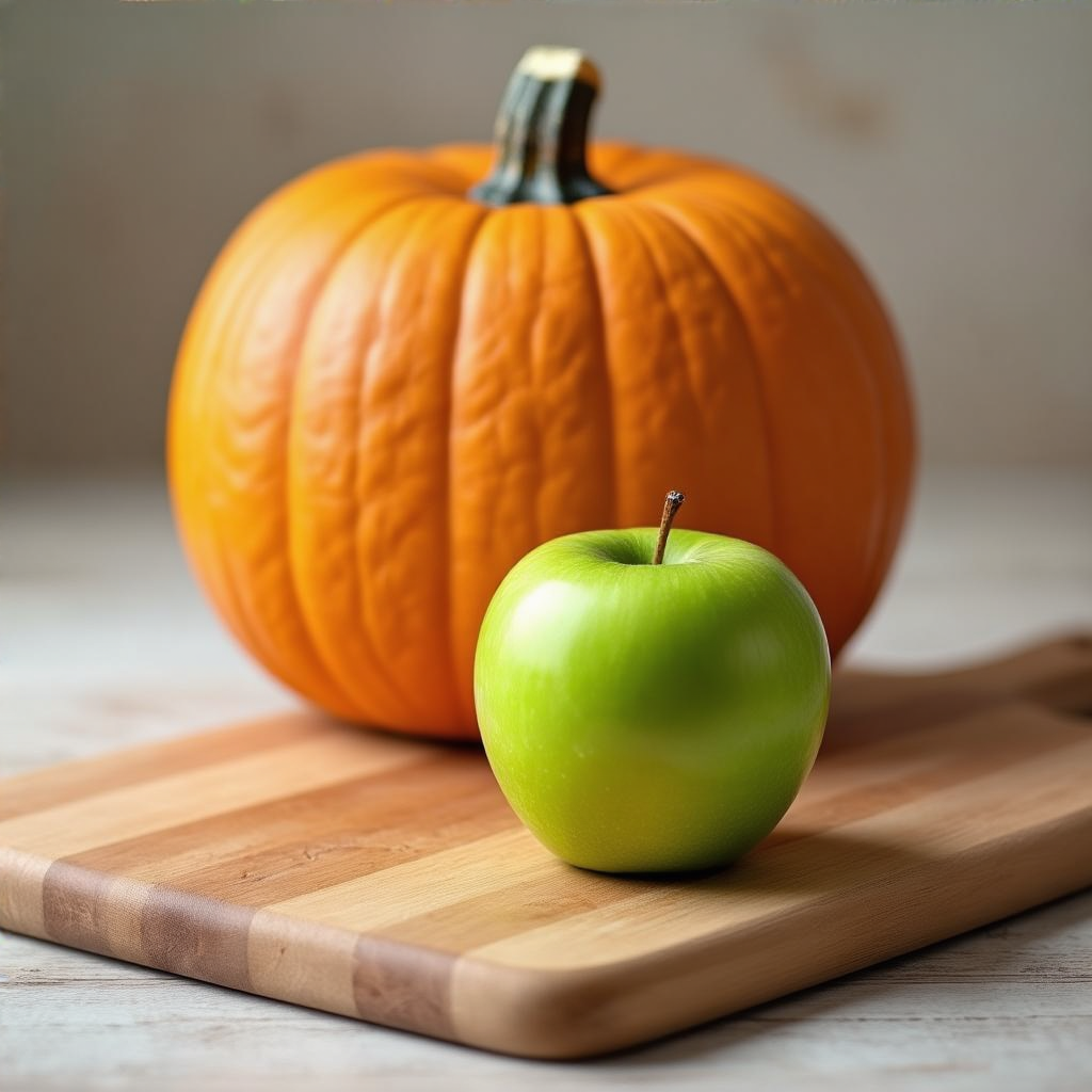A green apple and an orange pumpkin on a wooden cutting boar