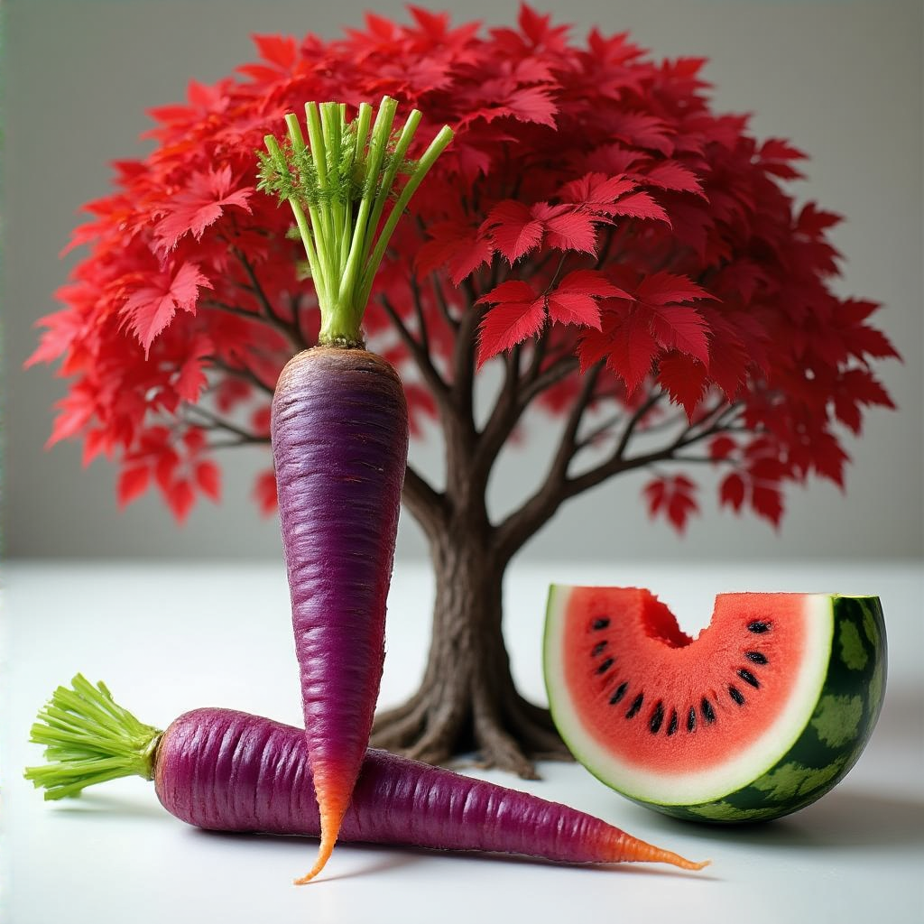 A purple carrot, a red tree with red leaves, and a white wat