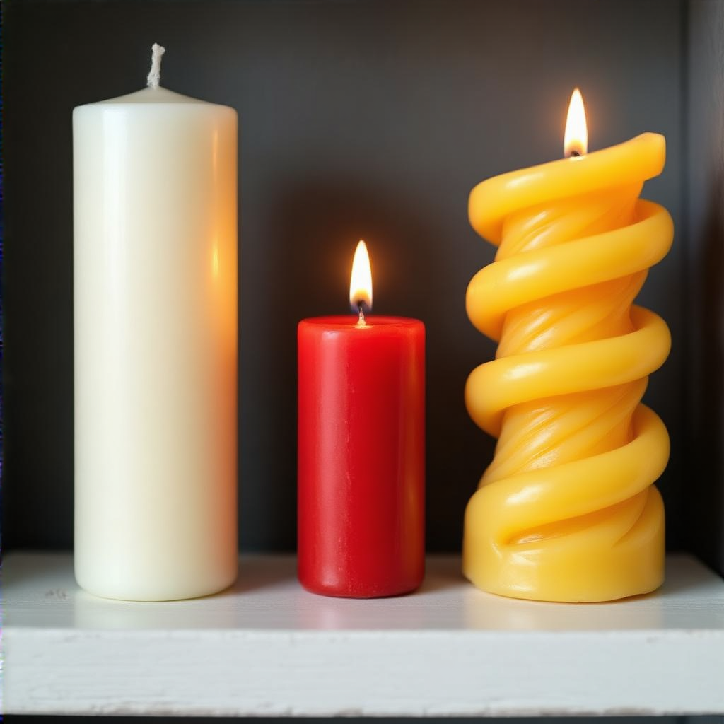 A tall thin white candle, a short fat red candle, and a medi