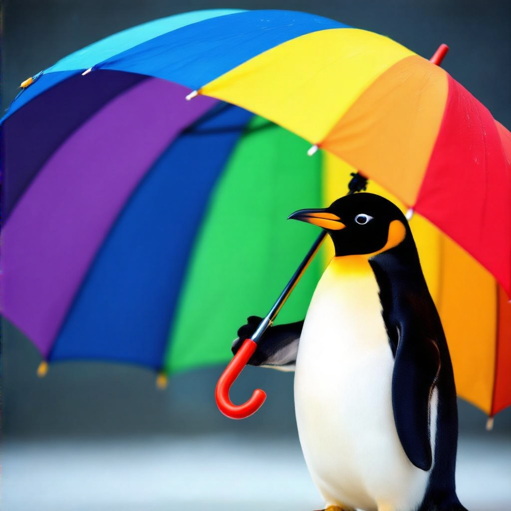 A penguin holding a colorful umbrella