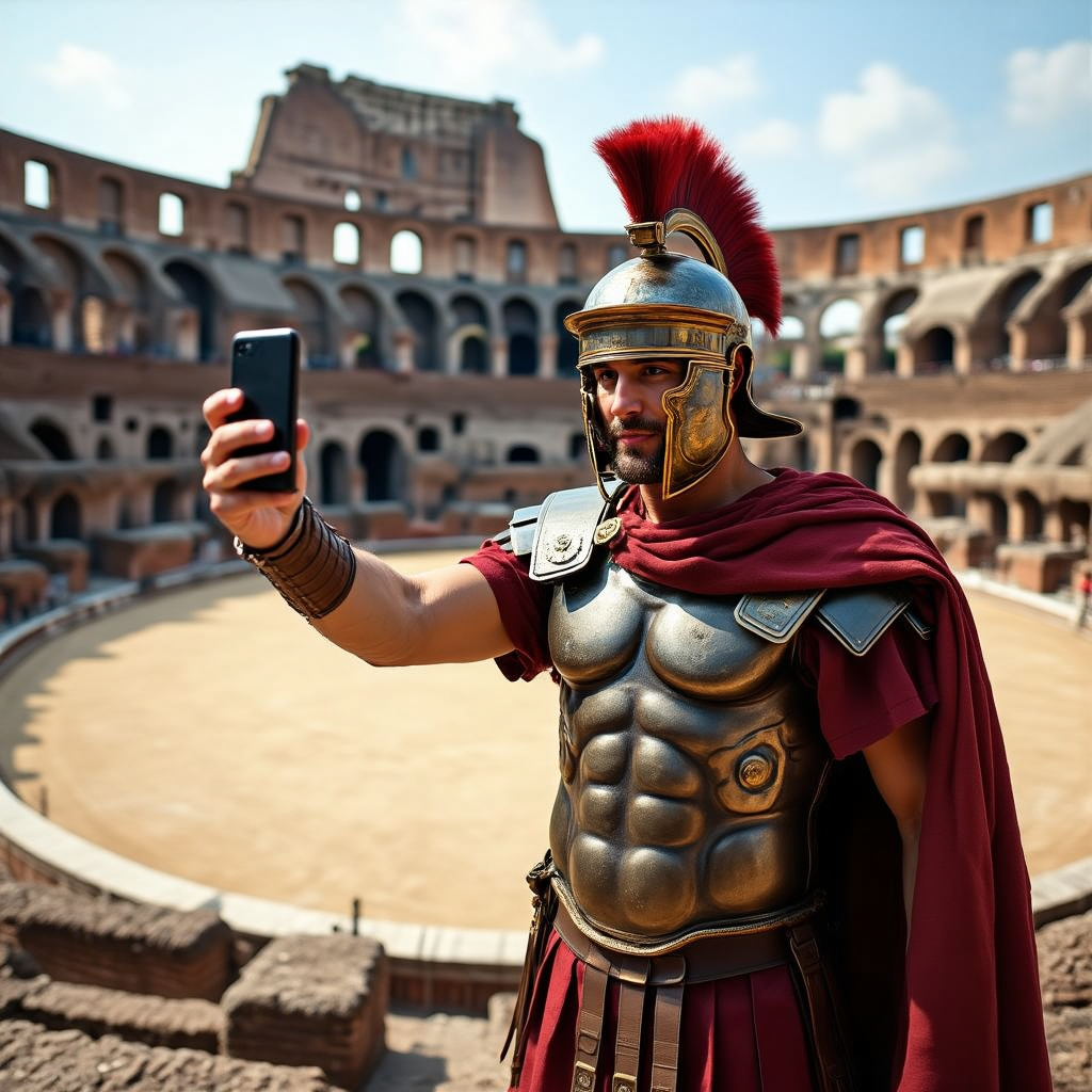 A Roman gladiator taking a selfie with a smartphone in the C