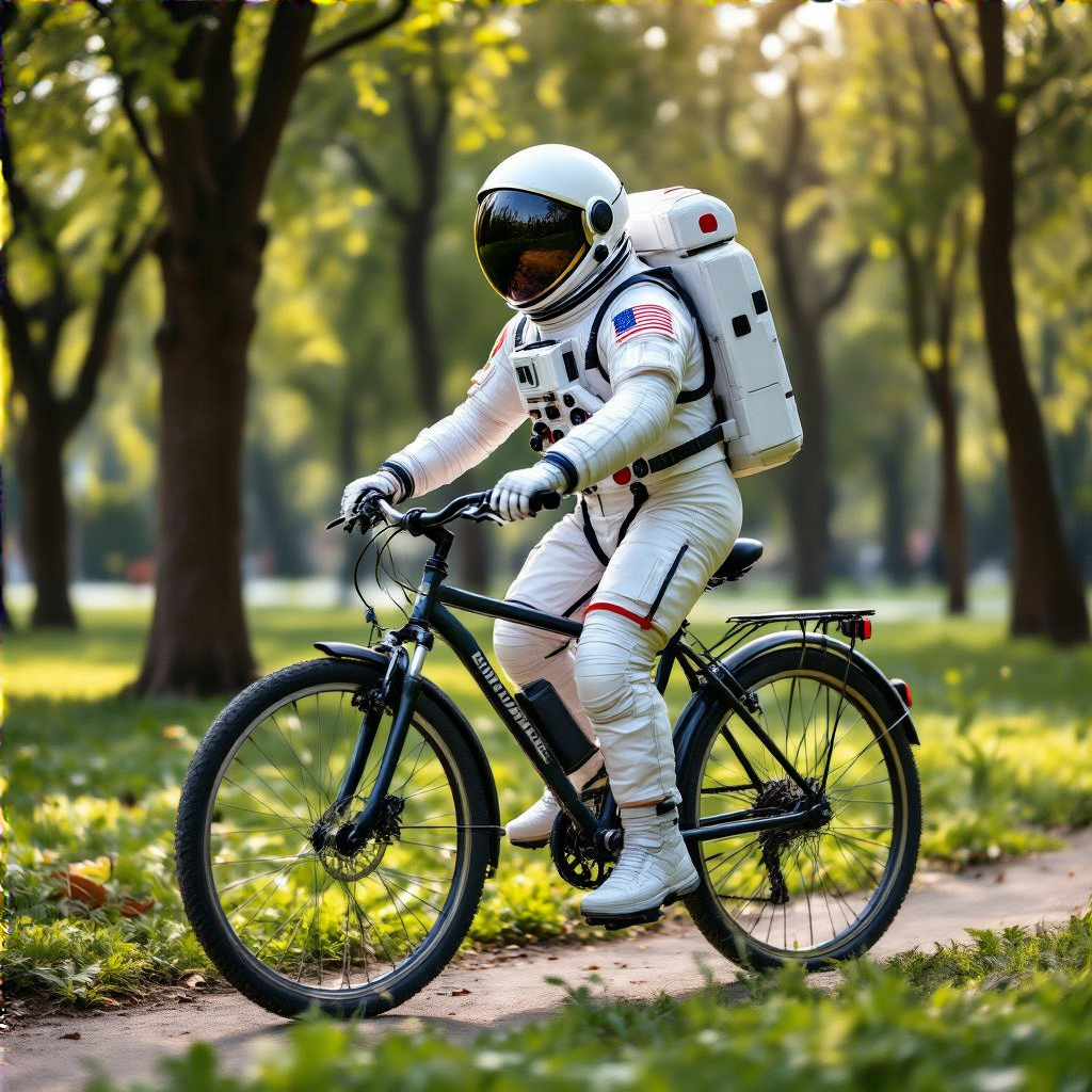 An astronaut in a spacesuit riding a bicycle through a park
