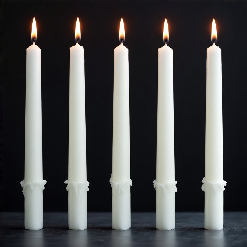 Exactly 4 white candles standing on a dark surface
