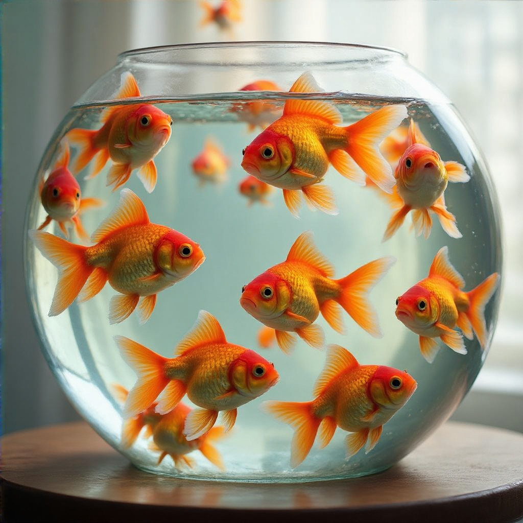 Exactly 9 goldfish swimming in a large round fishbowl