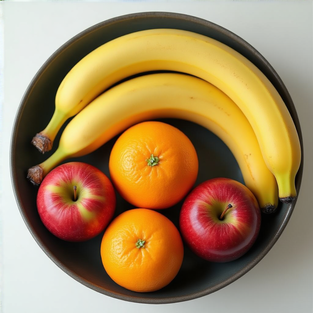 A fruit bowl containing exactly 3 bananas, 4 oranges, and 2 