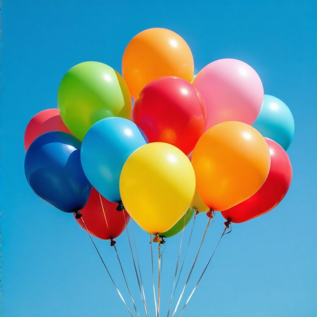 Exactly 11 colorful balloons floating against a clear blue s