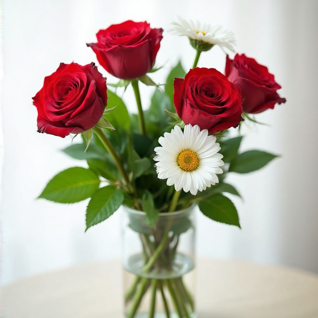 4 red roses and 2 white daisies in a glass vase on a table