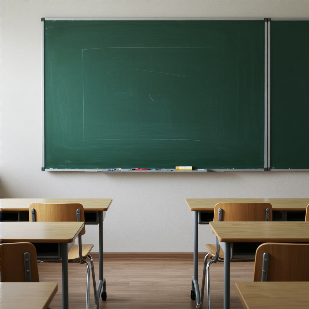 A classroom with desks and a chalkboard but no students