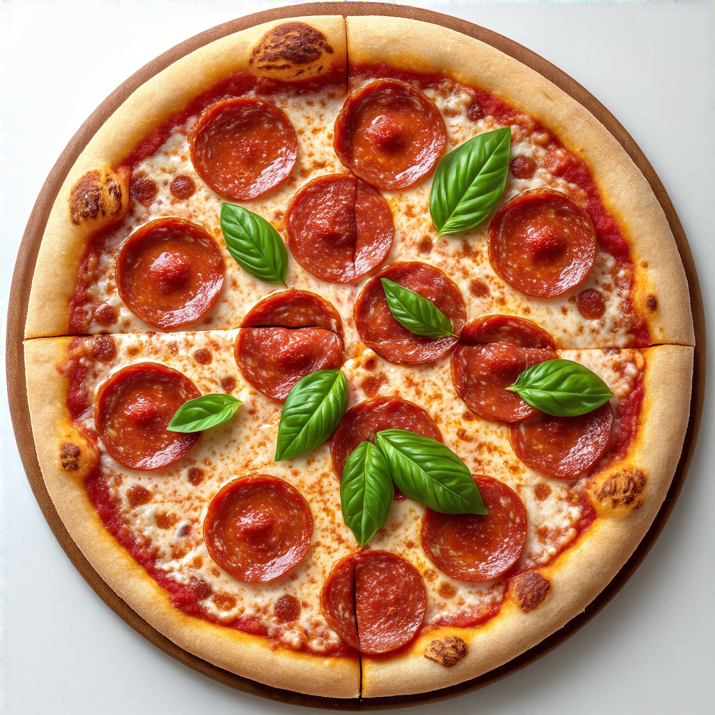 A pepperoni pizza with tomato sauce, basil, and crust but ab
