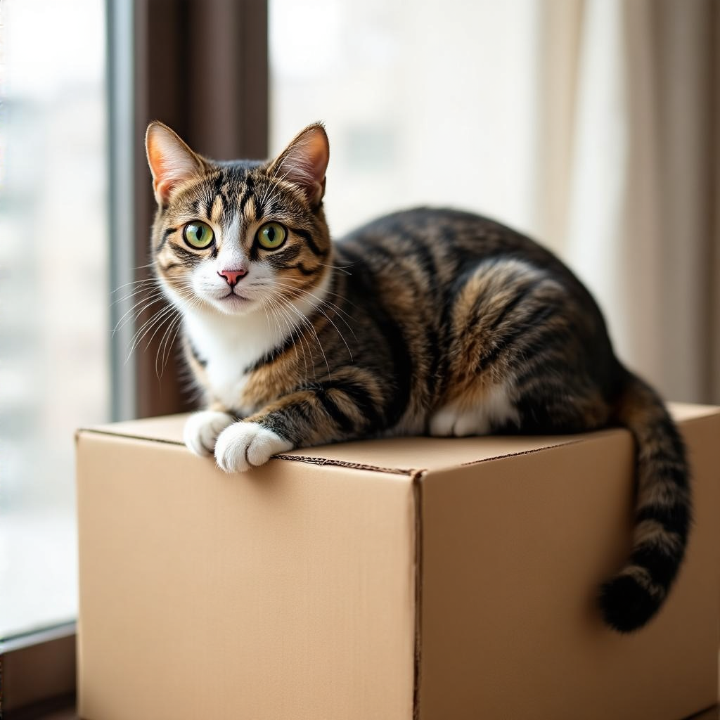 A cat sitting on top of a cardboard box