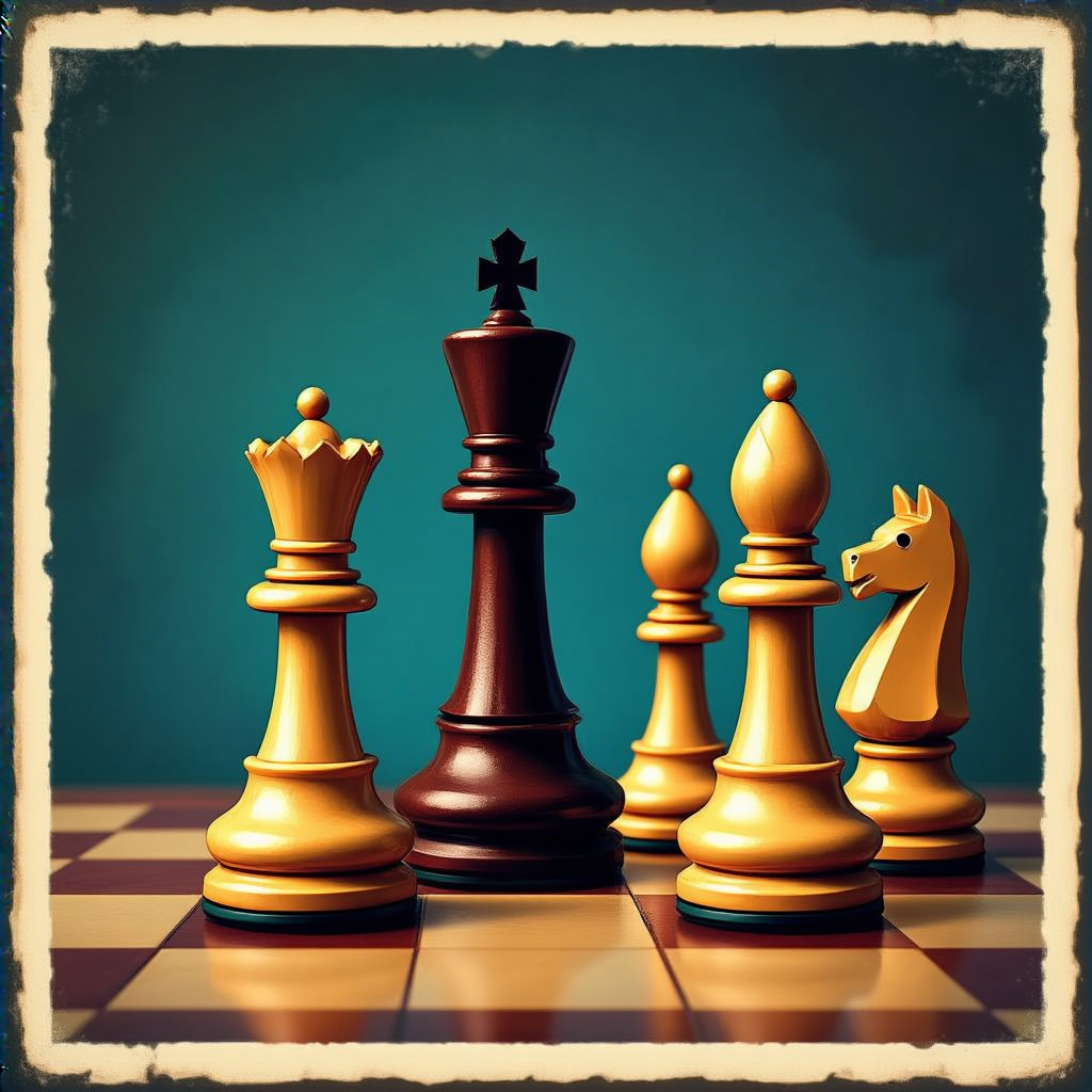 Five chess pieces on a board: a king in the center, a queen 
